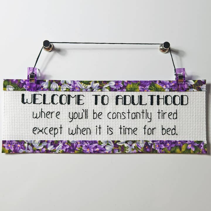 Welcome to Adulthood - Custom Trim Cross Stitch Kit for wholesale by Rogue Stitchery