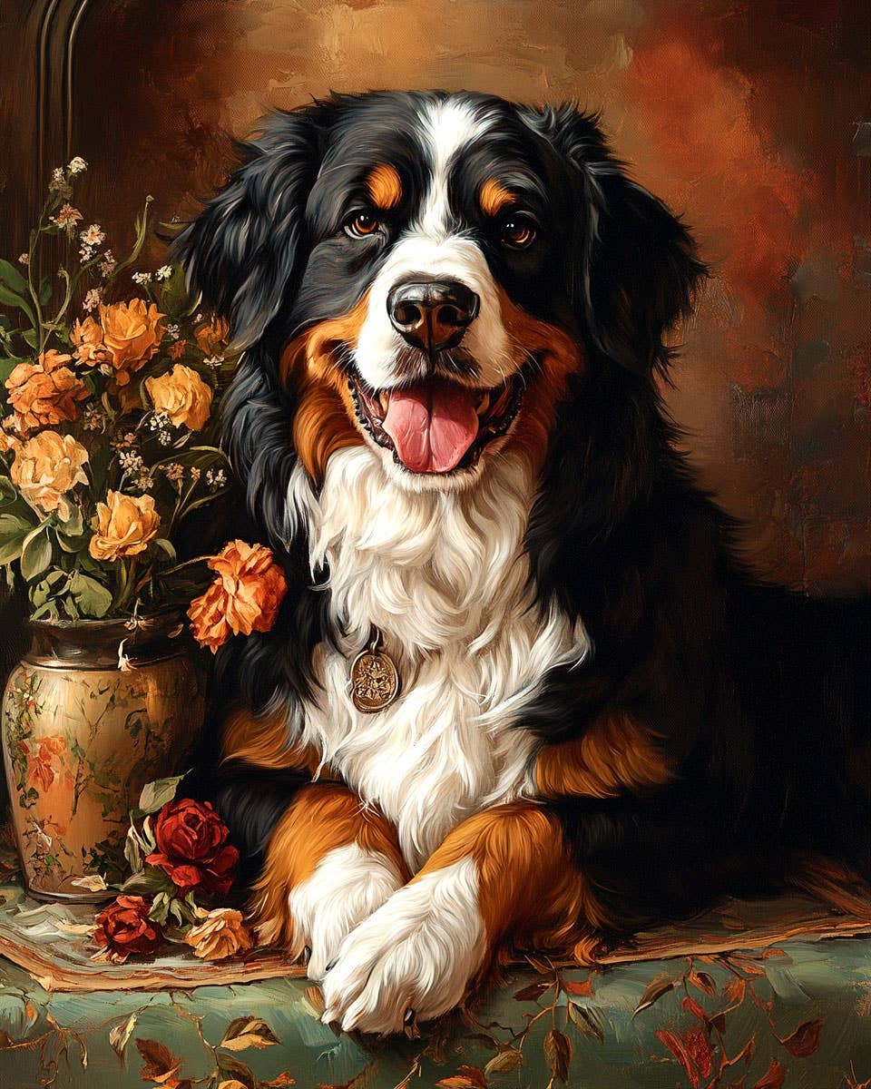 Mowbi - Wholesale Art Print - Bernese Mountain Dog by Vase - Pet Dog Still Life Wall Art Prints – 8″x10″ Artwork for 11″x14″ Frame0