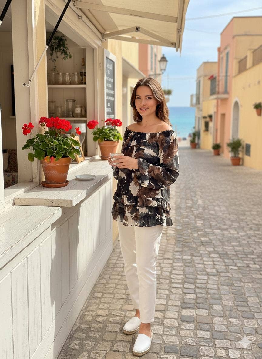 Kurt Muller – Blusa - Mulher por atacado – Blusa com Bainha Franjada e Estampa de Folhas de Palmeira6