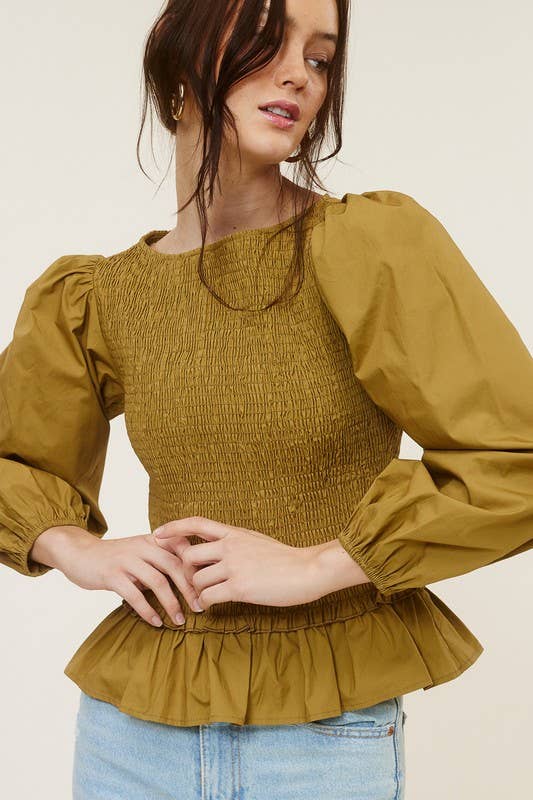 Mimosa - Wholesale Blouse - Women's - Puff Sleeve Ruched Peplum Blouse1