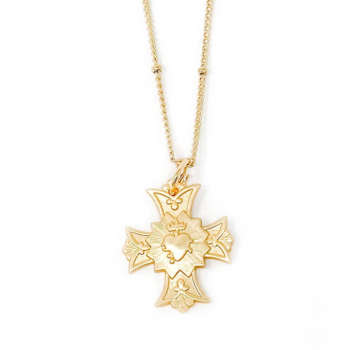 Catena con perline da 46 cm con croce Sacred Heart in oro opaco per la vendita all'ingrosso da parte di PowerBeads by jen