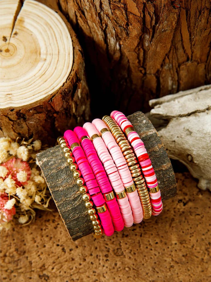 Bright Pink 7pcs Gold Plated Clay Beading Multi Layered Bracelet Set for wholesale by Lovesoft