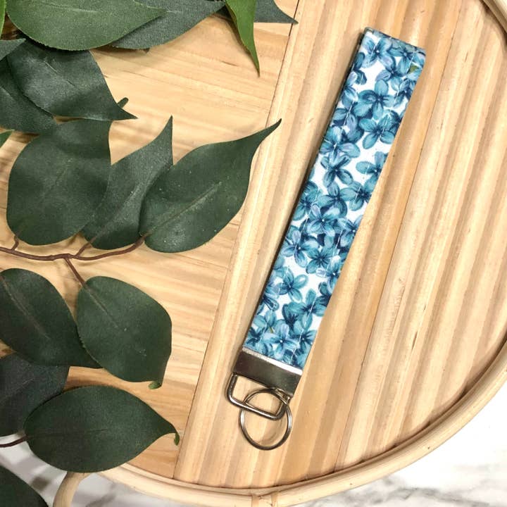 Blue Hydrangea Print Fabric Wristlet Keychain, Key Fob for wholesale by MDStickerShop