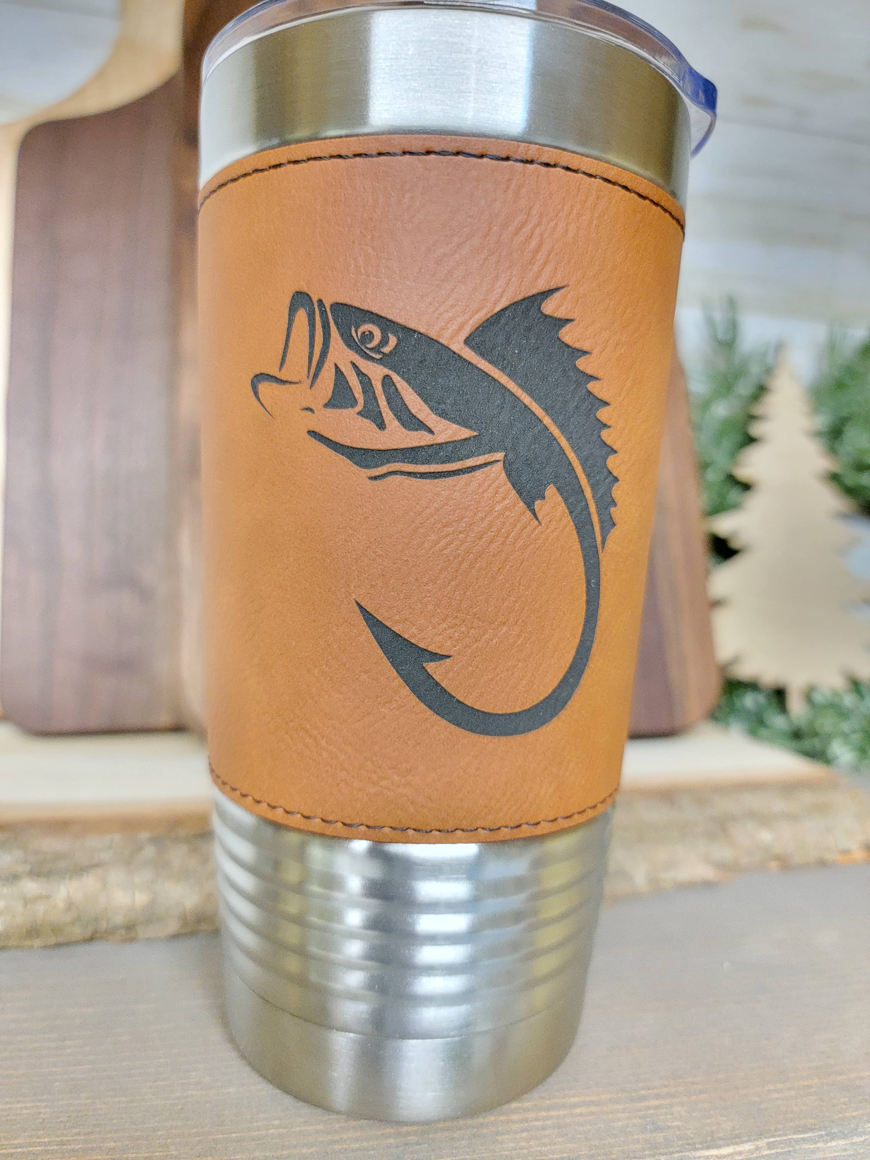 Clack Design - Wholesale Insulated Mug/Tumbler - Fishing Leather Tumbler. Bass and Hook Fishing Engraved Cup.3