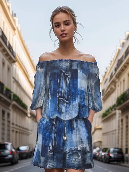 RUBI 3/4 SLEEVE ROMPER (VINTAGE DENIM)- VR3313ST for wholesale by VAVA by Joy Han