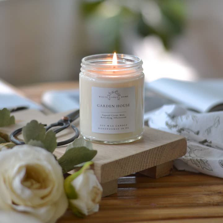 Garden House Handpoured 8 oz. Soy Candle | Made in USA for wholesale by White Gables Home By Aimee Weaver Designs