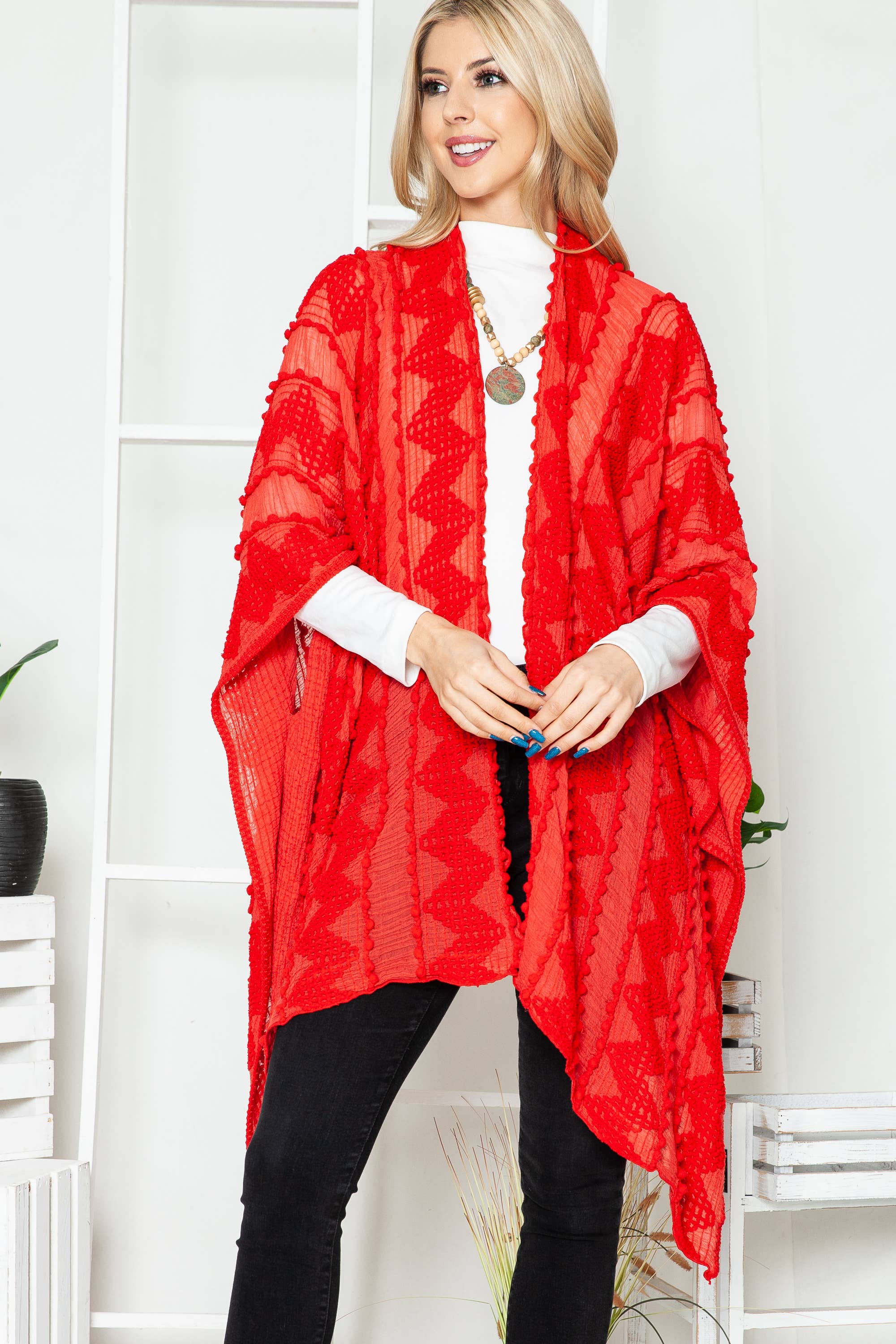 Justin & Taylor - Wholesale Kimono - Women's - Puffer-Up | Soft Textured Cover-Up Kimono With Pom Detail16