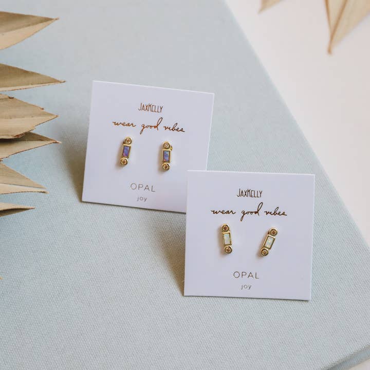 JaxKelly - Wholesale Stud/Post Earrings - Bar Opal - White - Gold Earrings