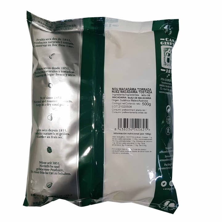 Casa Gispert - Wholesale Noten - GEROOSTERDE MACADAMIANOOT ZONDER TOEGEVOEGD ZOUT 500 g zak
