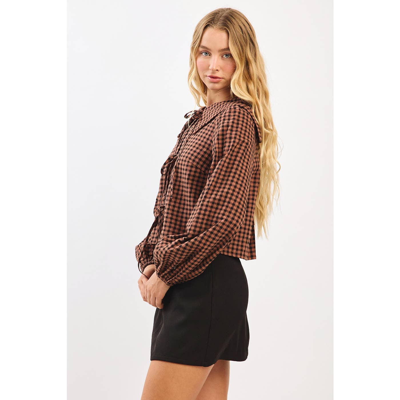 mittoshop - Wholesale Knit Top - Women's - CHECKERED TIE FRONT BIB COLLAR LONG SLEEVE TOP1
