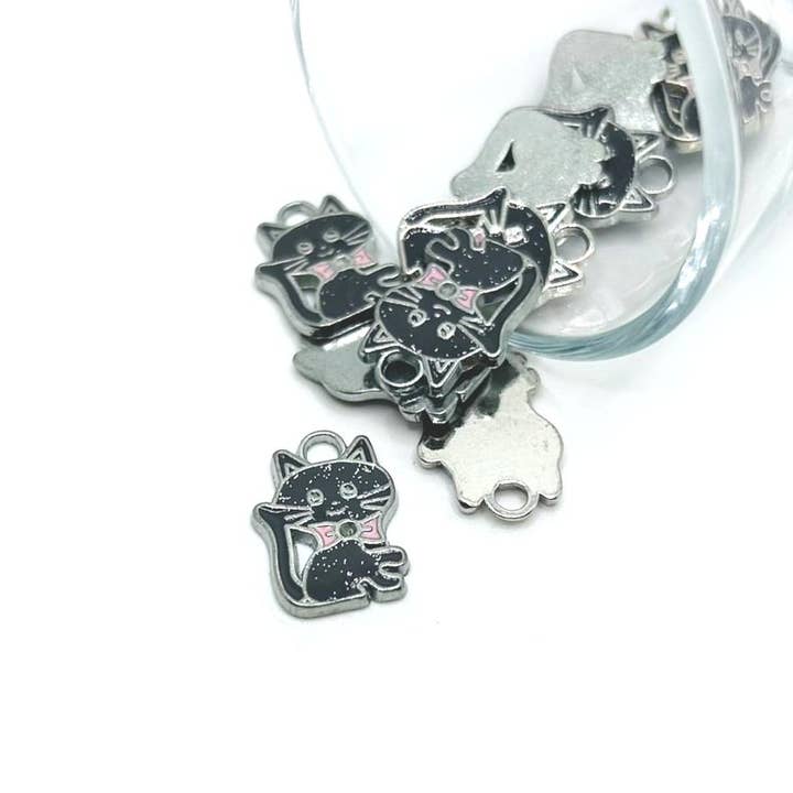 Guerrilla Charm - Wholesale Individual Charm/Pendant - Black Enamel Glitter Cat Charms, 19x14mm