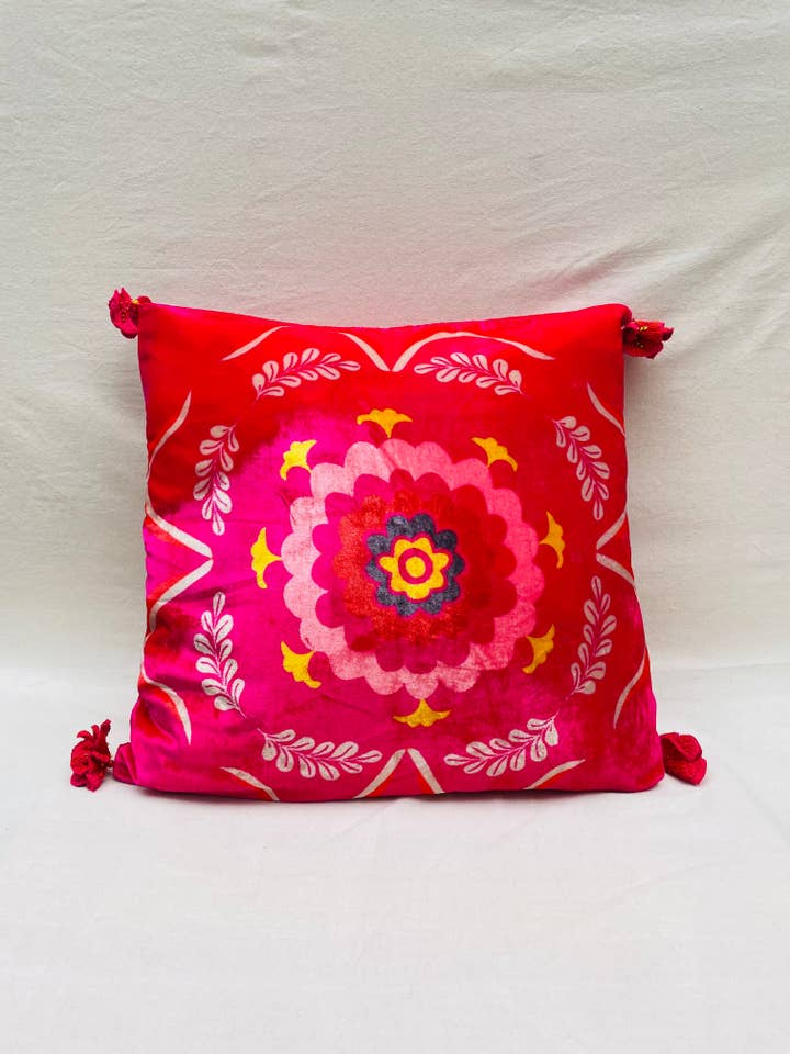 Velvet Flower Tassel Throw Pillow Cover for wholesale by Roopa Pemmaraju