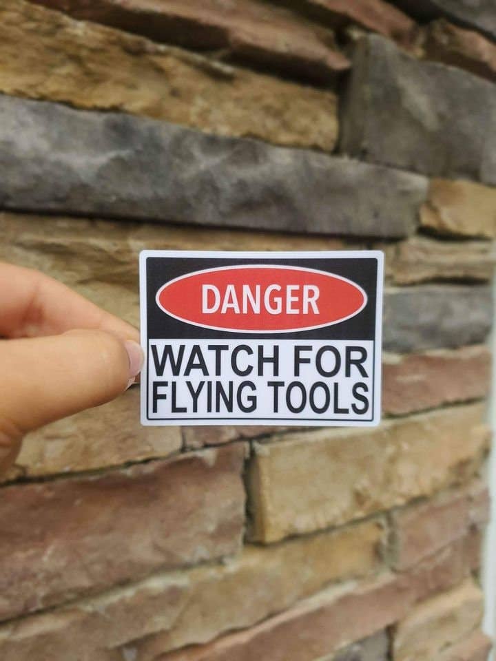 Watch For Flying Tools Sticker | Funny Toolbox Sticker for wholesale by A Little Design Company