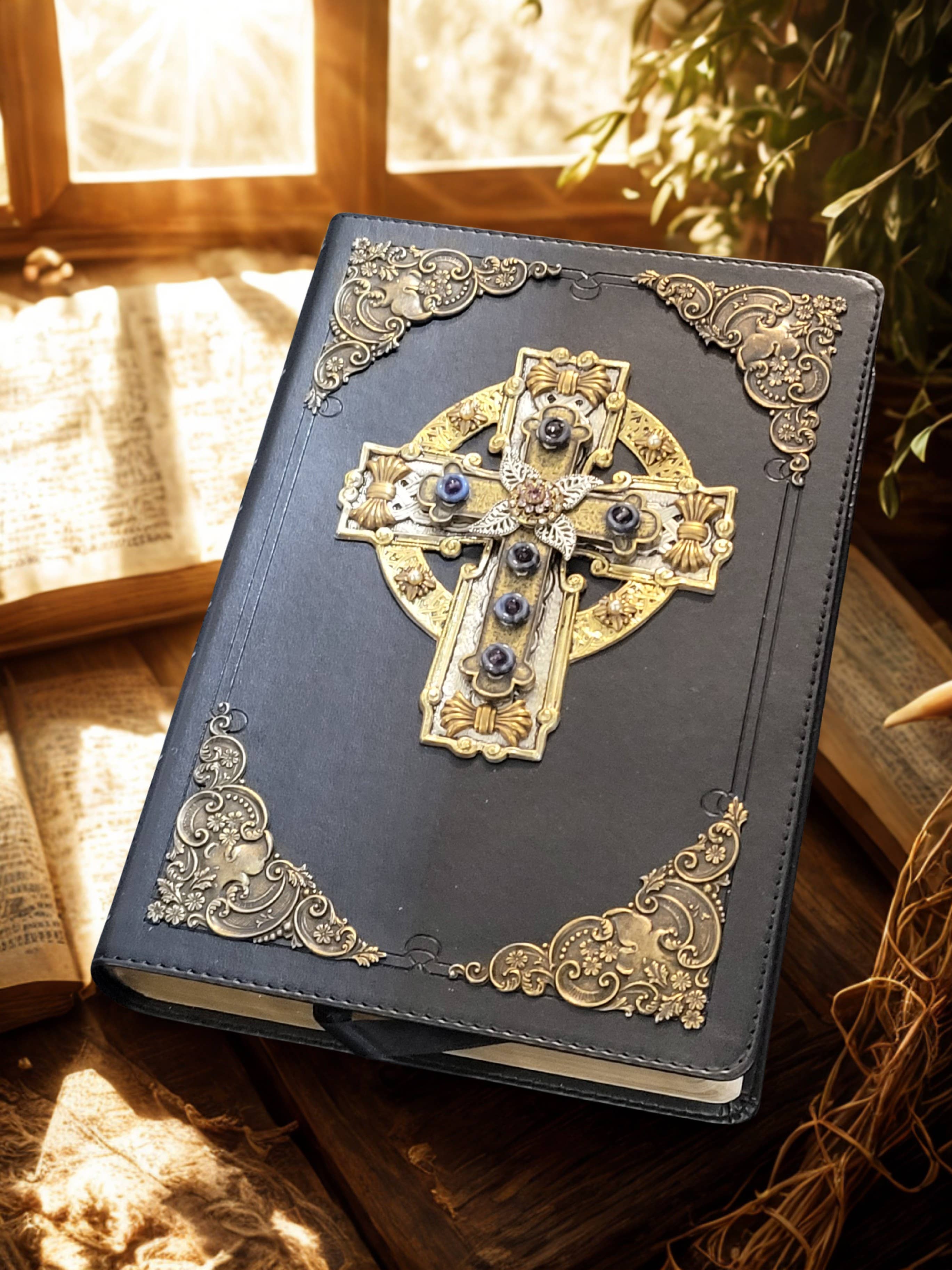 DeMartineau - Wholesale Religion Book - NABRE 24ct Gold Plated Celtic Cross Jeweled Bible-Black2