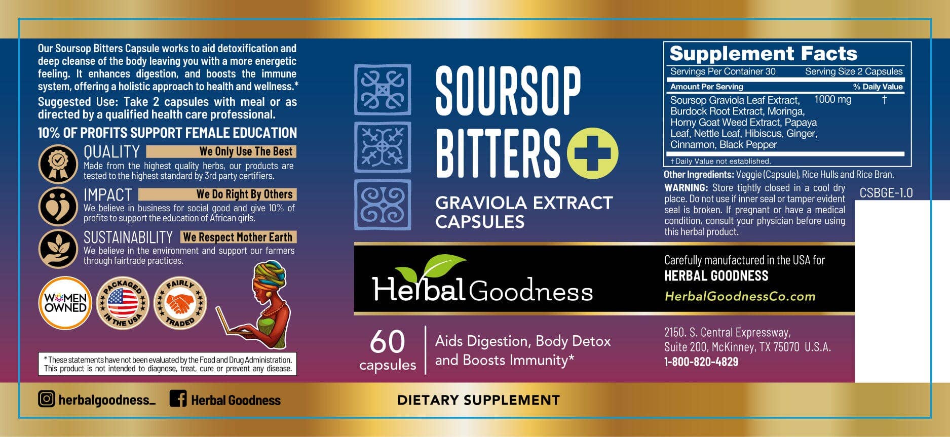 Herbal Goodness - Wholesale Oral Supplement/Vitamin - Soursop Bitters Extract - Capsules 60/600mg - Deep Body Cleanse and Detox - Herbal Goodness3
