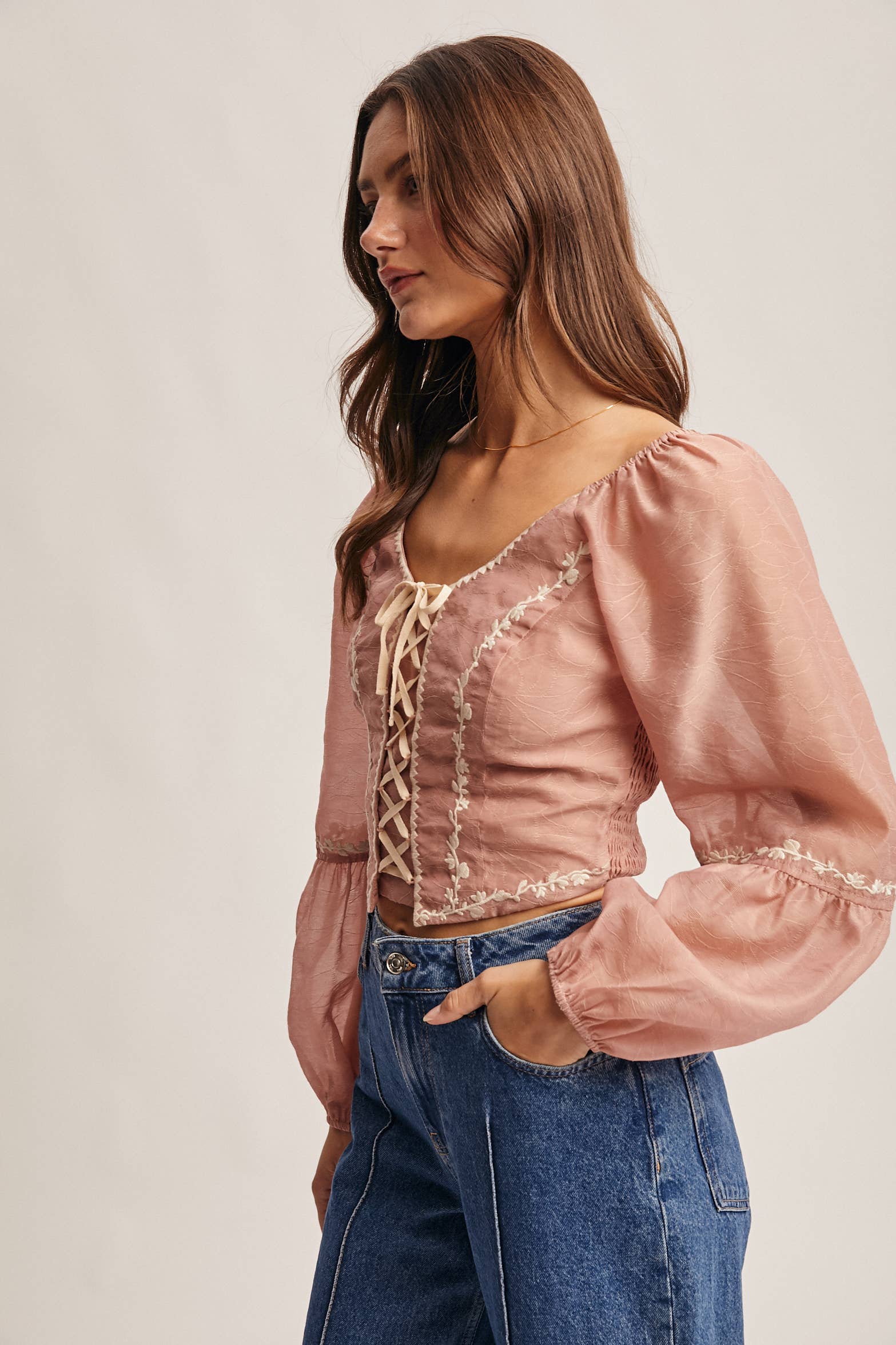 Forte - Wholesale Blouse - Women's - Lace-Up Embroidered Puff Sleeve Top FT0007 4