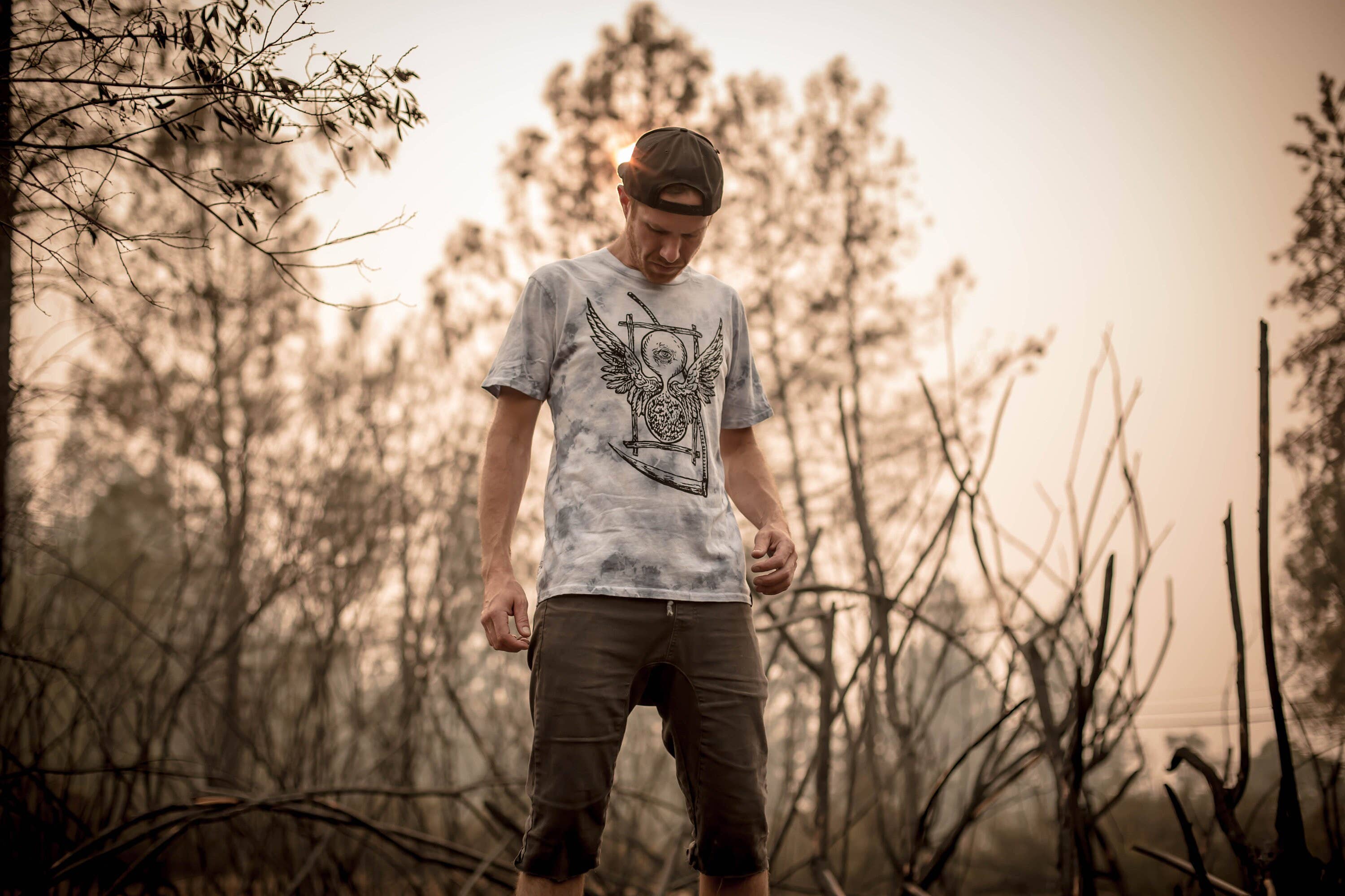 Sacred State Design - Wholesale Screen Printed T-Shirt - Men's - Pyramid Oracle Hourglass & Scythe Blue Dyed T-Shirt2