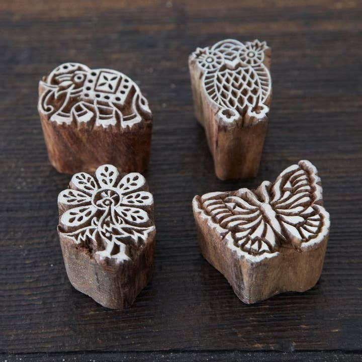 The Paper High Gift Company Limited - Wholesale Ornament Set - Four Animal Design Carved Wooden Blocks - Handmade