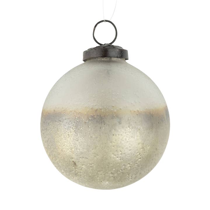 A98032: Gls ball orn,frosted clear,text slv base,80mm/3in for wholesale by Silver Tree Home & Holiday