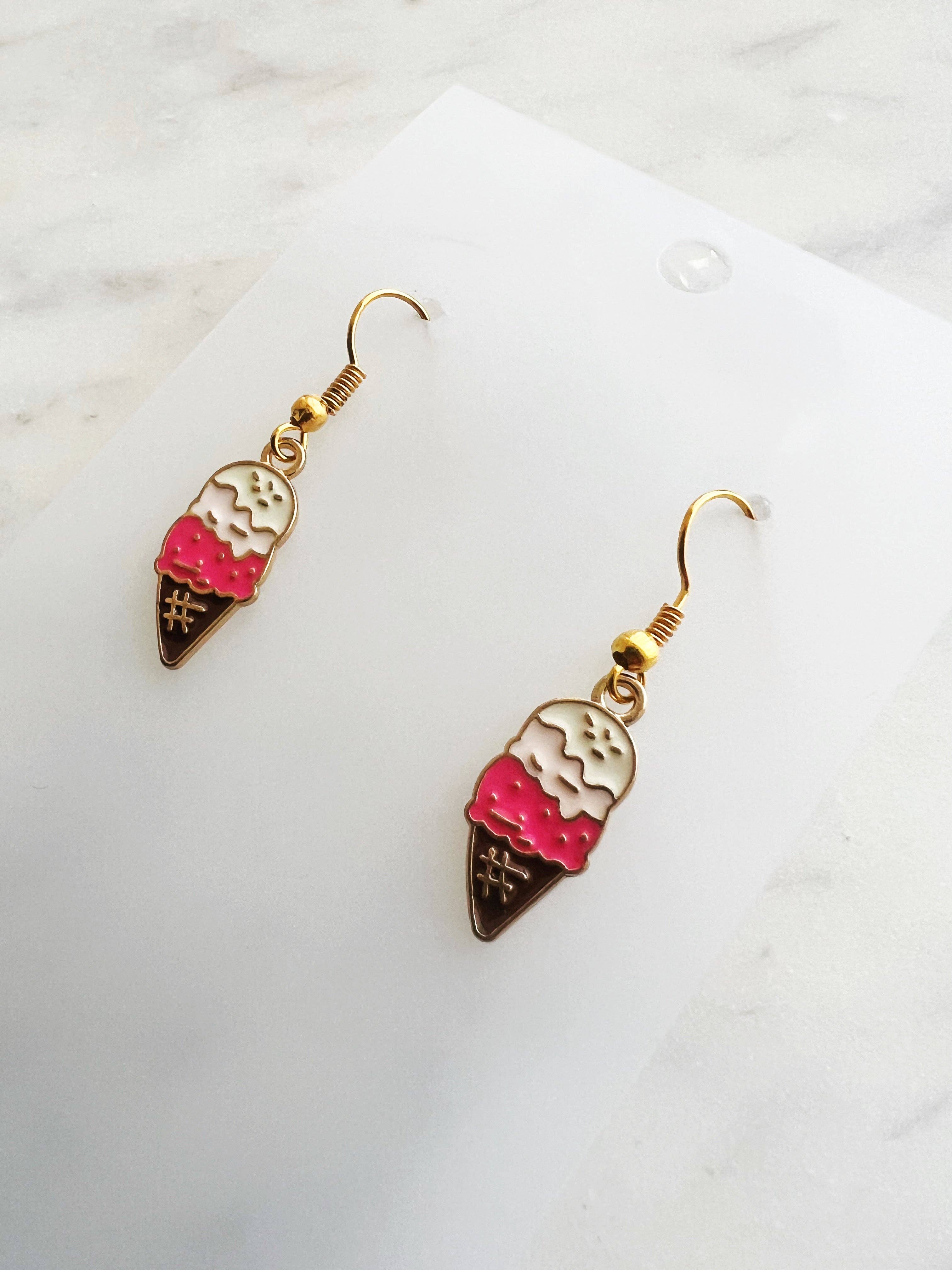 Carmen Miller Jewellery - Wholesale Dangle earrings - Kawaii Enamel Pink Ice Cream Cone Dangle Earrings3