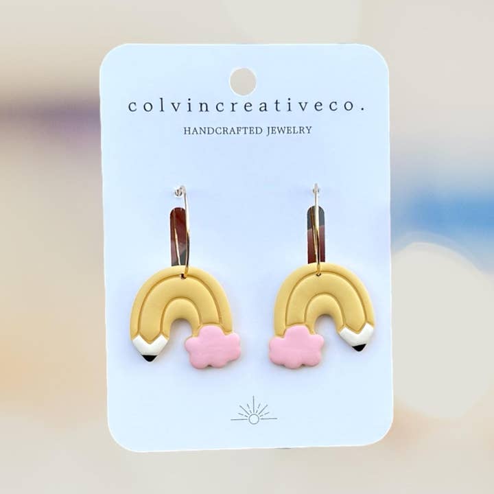 Rainbow Pencil Polymer Clay Hoop Earrings for Teachers for wholesale by colvincreativeco.