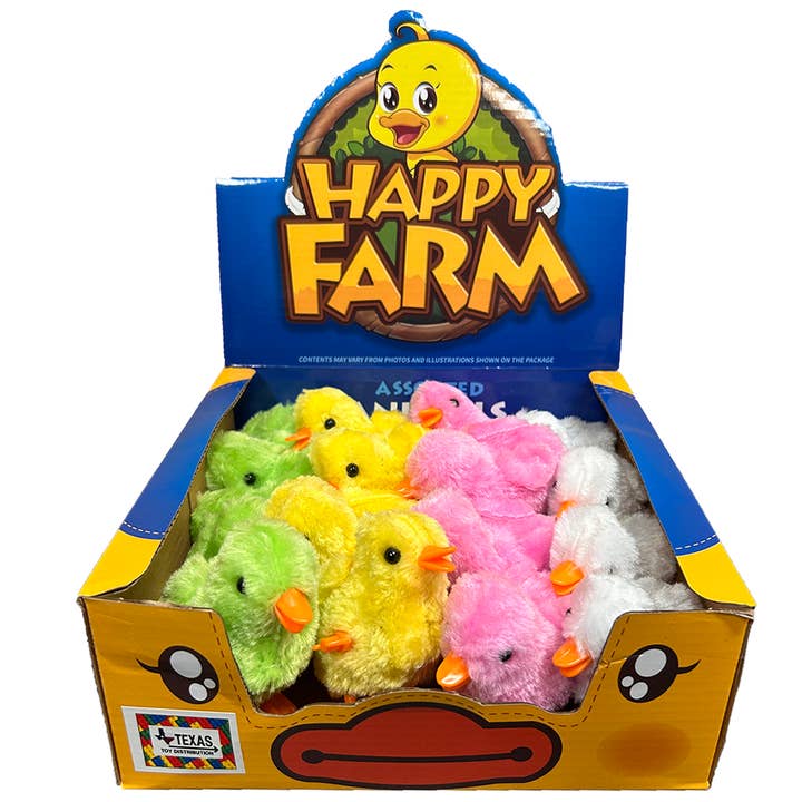 Texas Toy Distribution - Wholesale Wind-Up Toy - Kids - Farm Chick Crank Toys, Display of 16 units, 4 Assort Colors