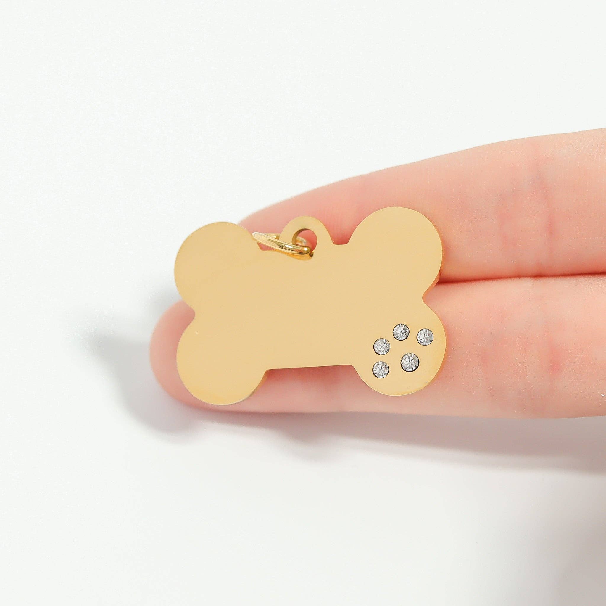 WJW - Wholesale Pet Identification Tag - Cat/Dog - 18K Gold PVD Blank Stainless Steel Dog Bone with CZ Stone Paw Pet Tag1
