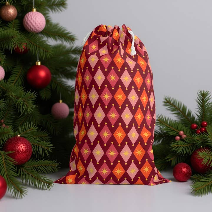 Sacco di Natale Arlecchino di Lusso | Elegante Borsa Regalo Festiva per la vendita all'ingrosso da parte di Aminelle & Willow