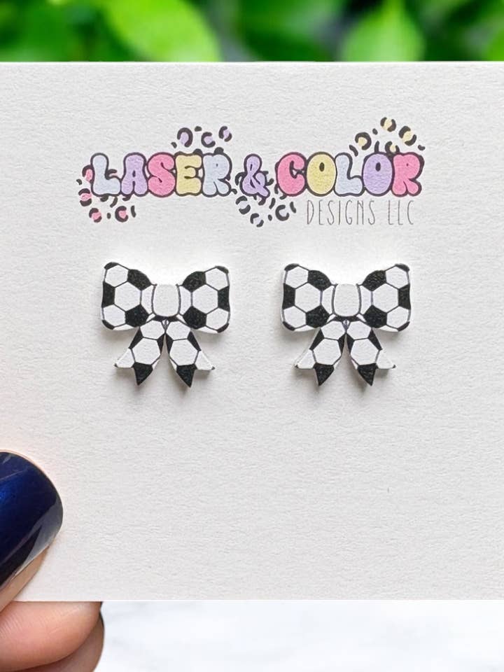 Soccer Bow Stud Earrings, Team Spirit Earrings for wholesale by Laser & Color Designs LLC