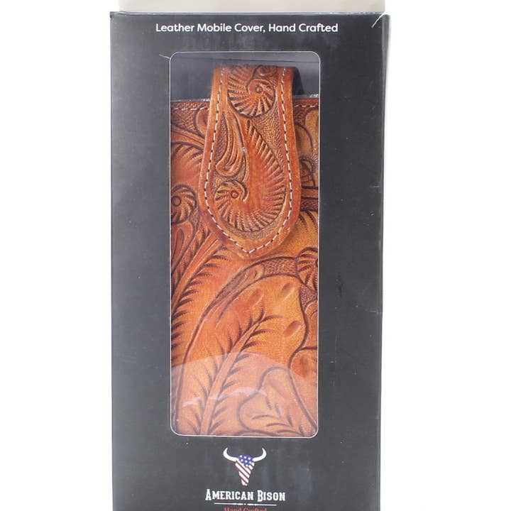 Leather Impressions Inc - Venta al por mayor Bolso para móvil - Unisex - Funda de teléfono de piel labrada con estampado floral de bisonte americano para cinturón