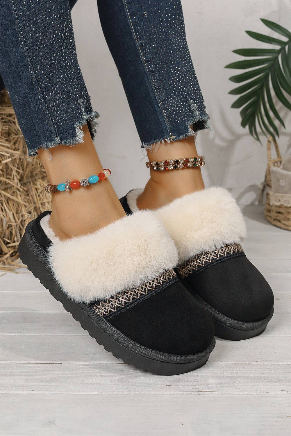 Lovesoft - Wholesale Slippers - Women's - Faux Suede Plush Trim Ethnic Mule Slippers5