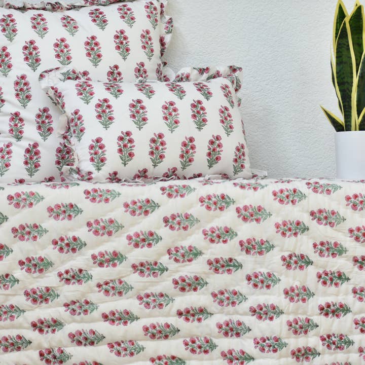 House of Alaan - Wholesale Throw Blanket - Cherry Stripe Ruffle Throw – Block Printed, Reversible Muslin2