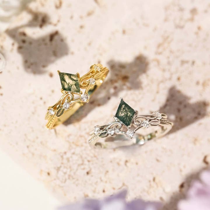 Azura Jewelry – wholesale Band/stacked ring – Victorian Lace Moss Agate Ring 10K/14K Yellow Gold