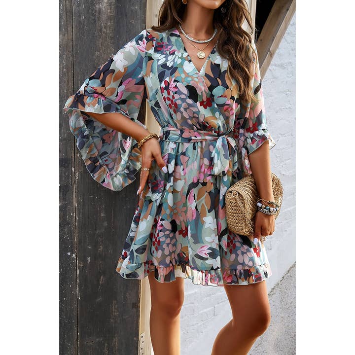Supreme Fashion - Wholesale Dress - Women's - Floral V Neck Waist Tie Ruffle Hem Wrap Dress