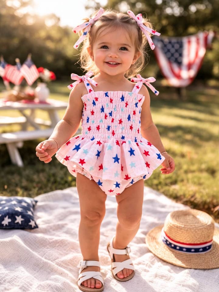 Splendid Stars Pink / Muslin Smocked Bubble w/ Skirt for wholesale by SIIX Collection