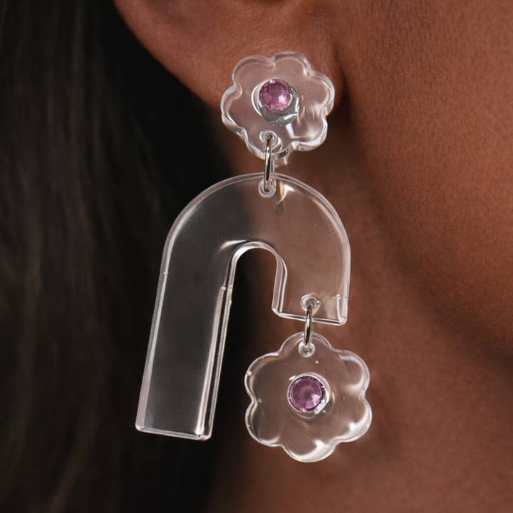 Clear Bloom Arch Earrings with Pink Crystal Studs for wholesale by Bead And Beam