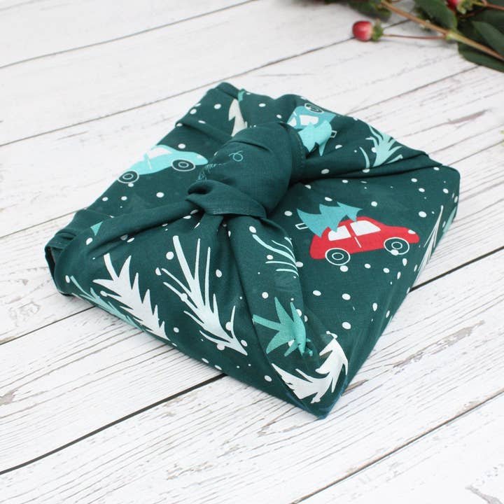 Set of 4 Christmas furoshiki fabric wraps 53cm - pine green for wholesale by Kindly Yarn | Furoshiki & Scarves