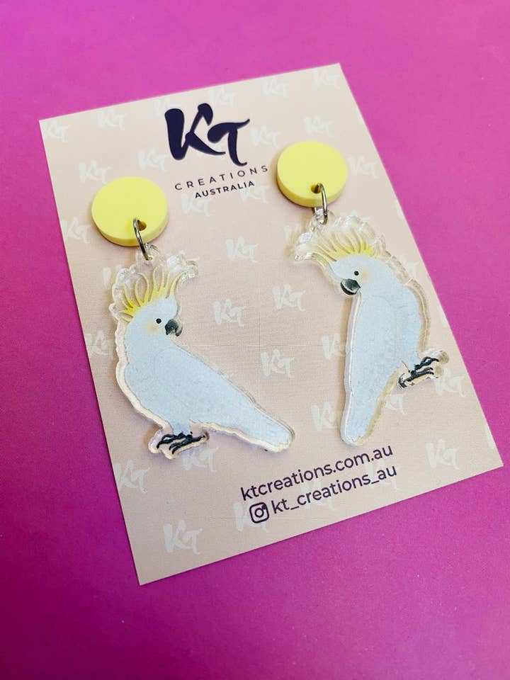 Sally Sulphur-crested Cockatoo bird Acrylic Dangles - Au for wholesale by KT Creations Australia