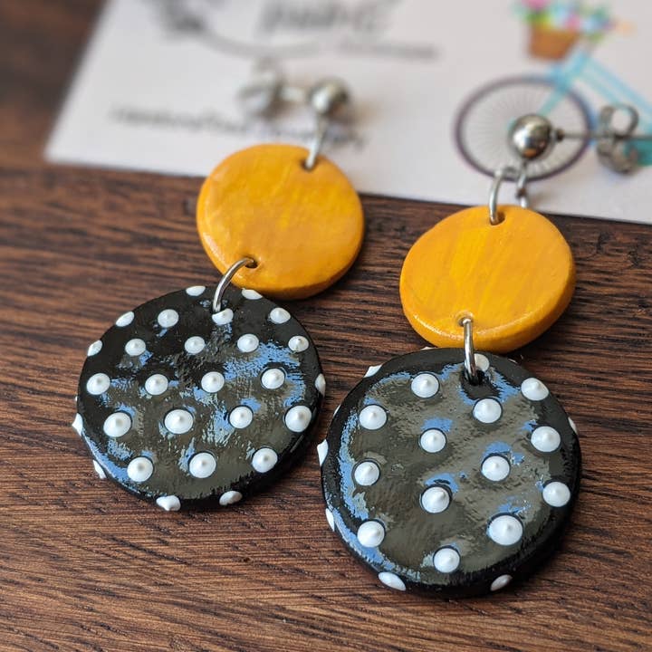 Polka dot earrings black, white & yellow, spotty earrings for wholesale by With Clay & Paint