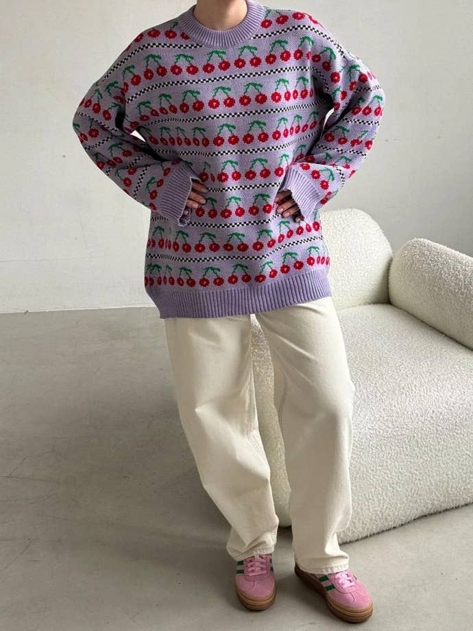 Cherry Print Knit Sweater Women Purple N5A534 for wholesale on Faire3