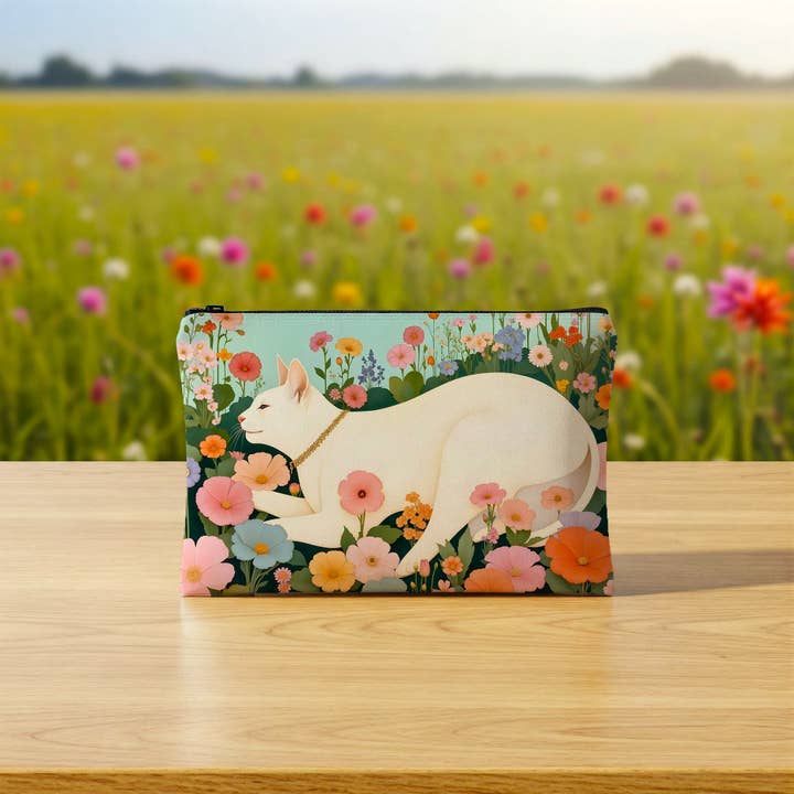 Atelier Vero – Wholesale Art & Gifts: Coastal, Cats, Blooms - Vendita all'ingrosso Astuccio - Unisex - Astuccio con Cerniera Floreale Gatto Bianco – Borsa Regalo per Amanti dei Gatti