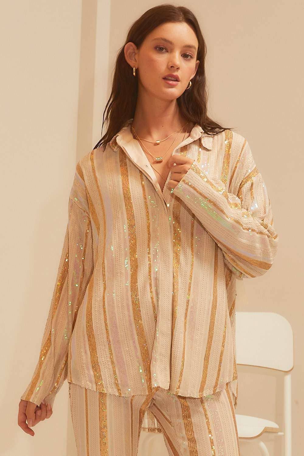 CREME MULTI Camisa Formal de Lantejoula Stripe Neutro para venda a revendedores na Faire12