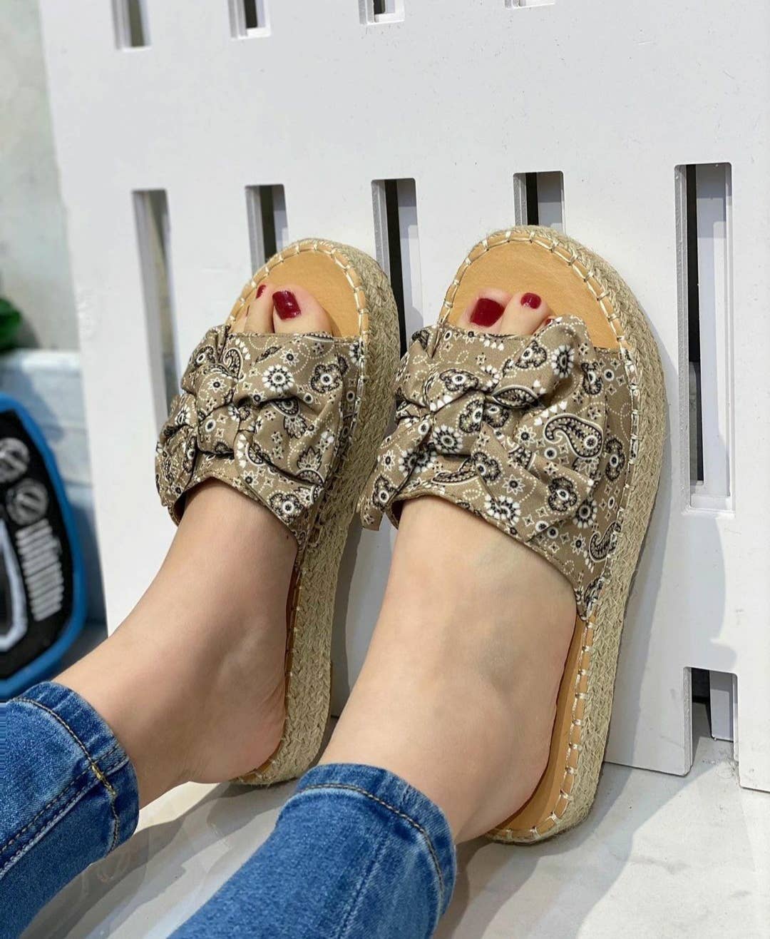 Vera Shop - Vente Sandales – femme - Sandale mule avec nœud en coton et semelle en raphia1