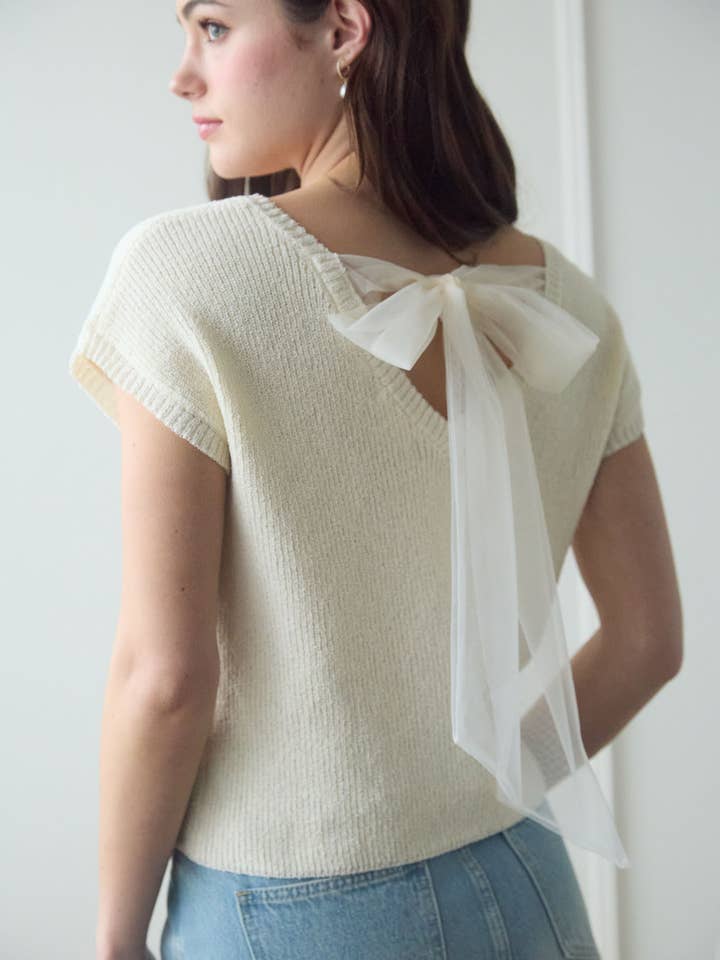 Blu Pepper - Wholesale Knit Sweater - Women's - BACK SHEER TIE SHORT SLEEVE KNIT SWEATER
