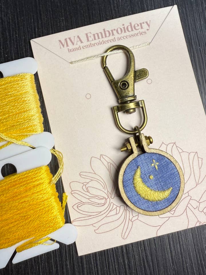 Hand Embroidered Celestial Moon Keychain | Bag Charm for wholesale by MVA Embroidery