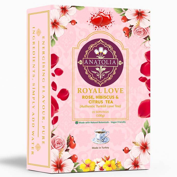 Turkish Love Tea,( Rose, Hibiscus, Rosehip, Citrus Loose Leaf Blend), Caffeine Free, 100g - UK Stock for wholesale by Anatolia Heritage Co