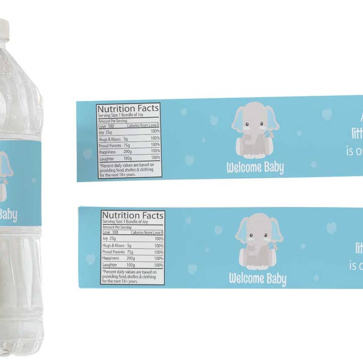 Water bottle labels Baby shower favors blue elephant boy for wholesale by Digitaldoodlebug