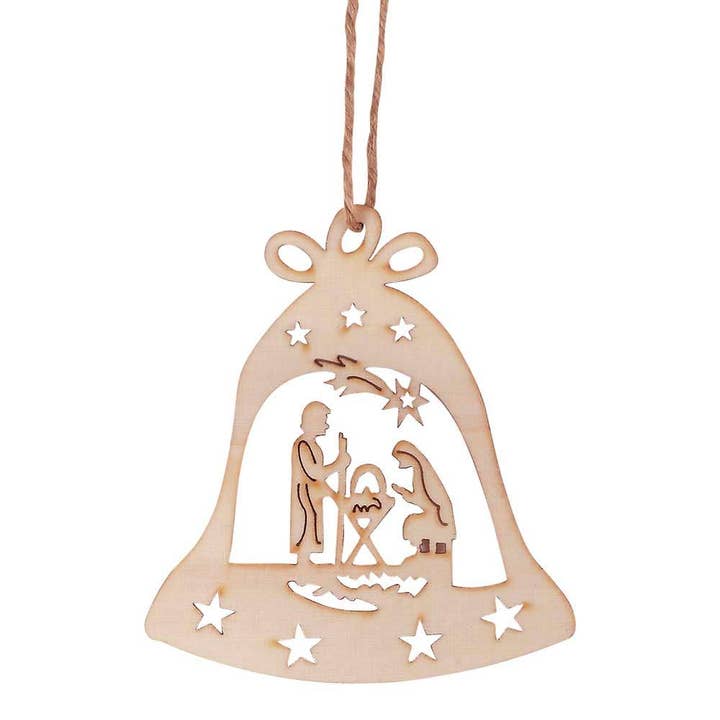 Cottage Garden - Wholesale Ornament - WOOD BELL ORNAMENT WITH CUTOUT HOLY FAMILY DESIGN