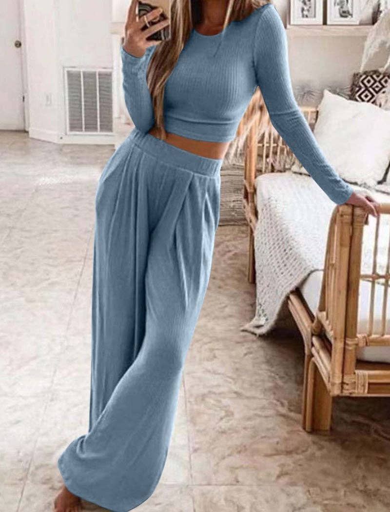 safistyle - Wholesale Lounge Set - Women's - Ribbed Two-Piece Crop Top and Wide Pants Set4