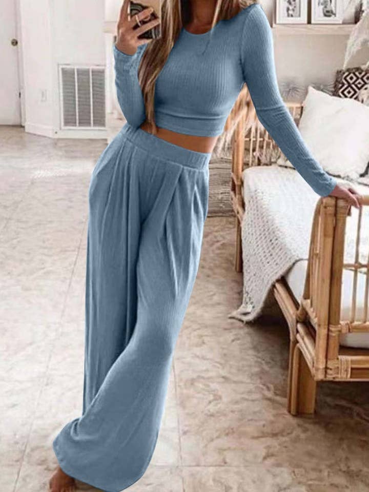 safistyle - Wholesale Lounge Set - Women's - Ribbed Two-Piece Crop Top and Wide Pants Set4
